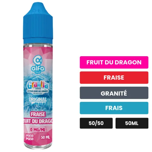 E-liquide Fraise Fruit du Dragon d'Alfaliquid, 50 ml, saveurs fruit du dragon, fraise, granité et 1 autre, sans nicotine —.