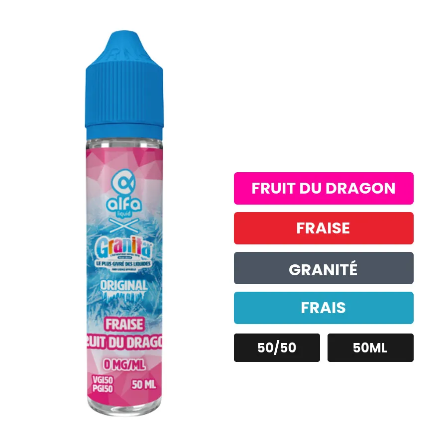 E-liquide Fraise Fruit du Dragon d'Alfaliquid, 50 ml, saveurs fruit du dragon, fraise, granité et 1 autre, sans nicotine —.