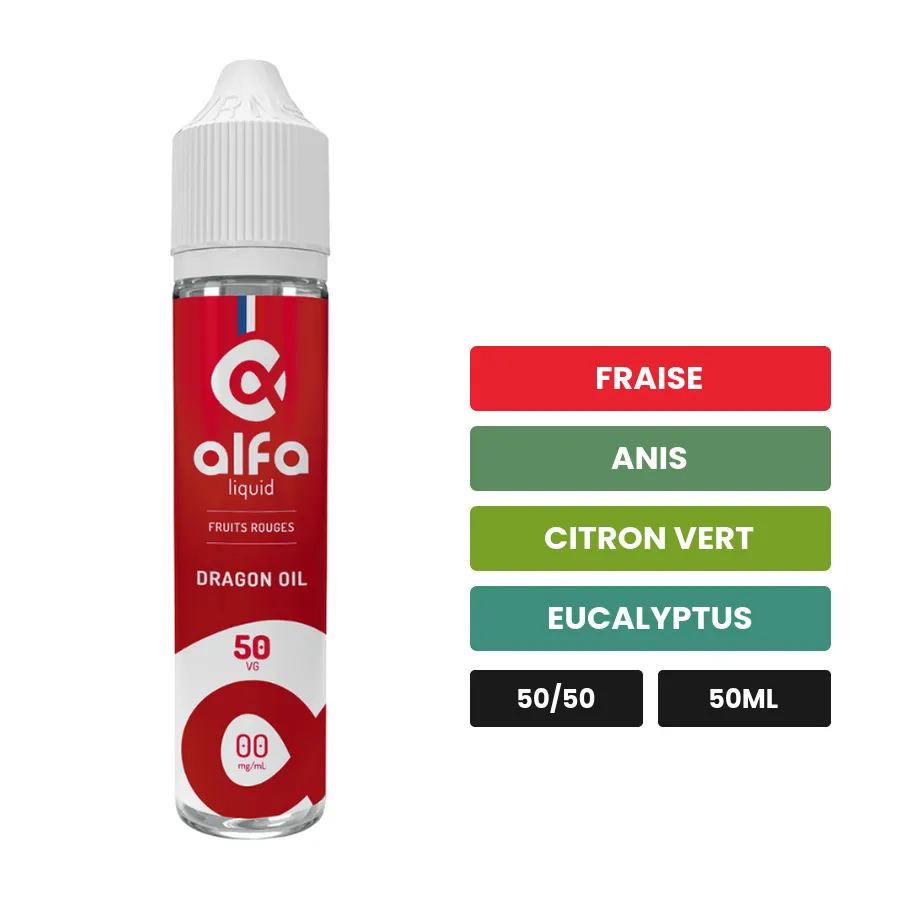 E-liquide Dragon Oil d'Alfaliquid, 50 ml, saveurs fraise, anis, citron vert et 2 autres.