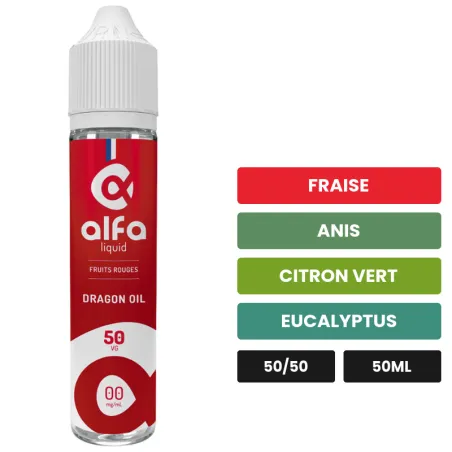 E-liquide Dragon Oil d'Alfaliquid, 50 ml, saveurs fraise, anis, citron vert et 2 autres.
