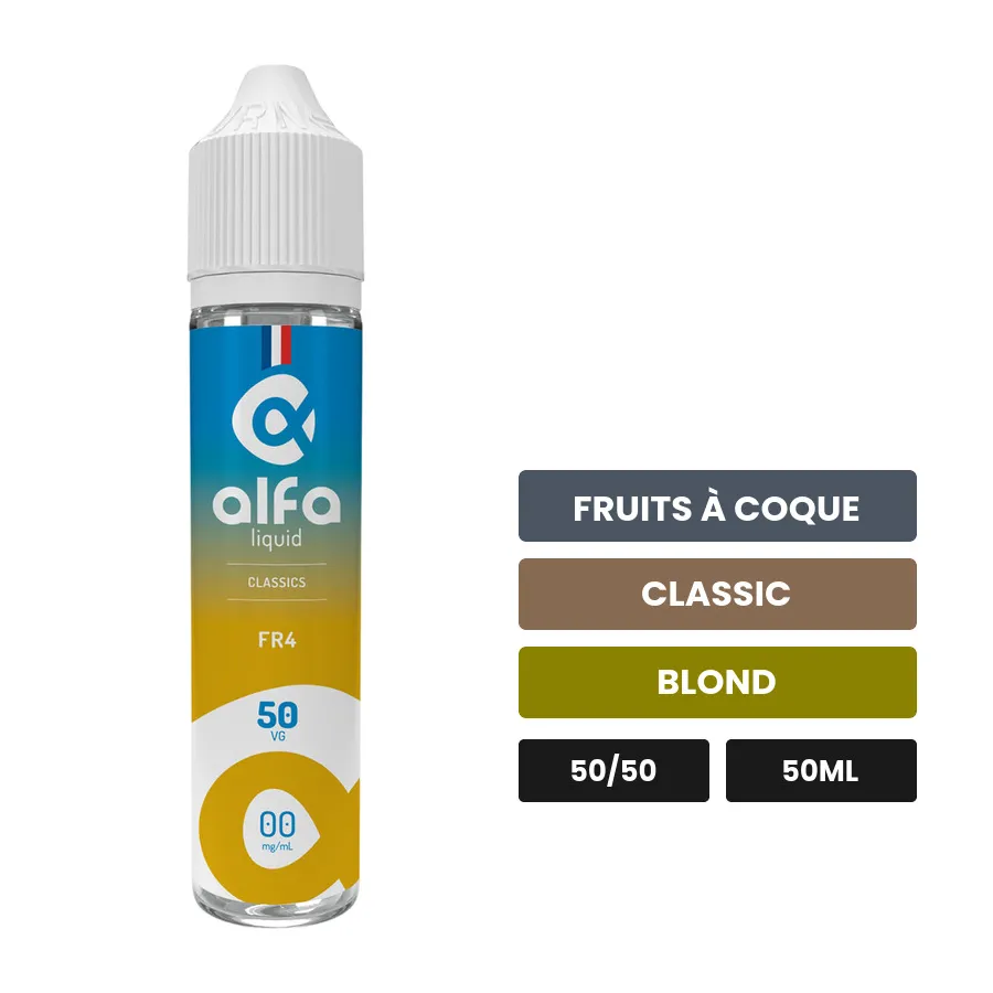E-liquide Fr4 d'Alfaliquid, 50 ml, saveurs fruits à coque, classic et blond.