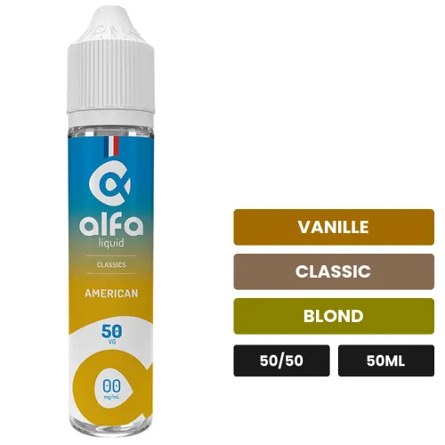 E-liquide American d'Alfaliquid, 50 ml, saveurs vanille, classic et blond, sans nicotine — prêt à booster de nicotine.