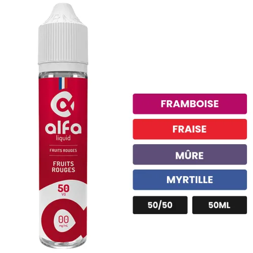 E-liquide Fruits Rouges d'Alfaliquid, 50 ml, saveurs framboise, fraise, mûre et 2 autres.