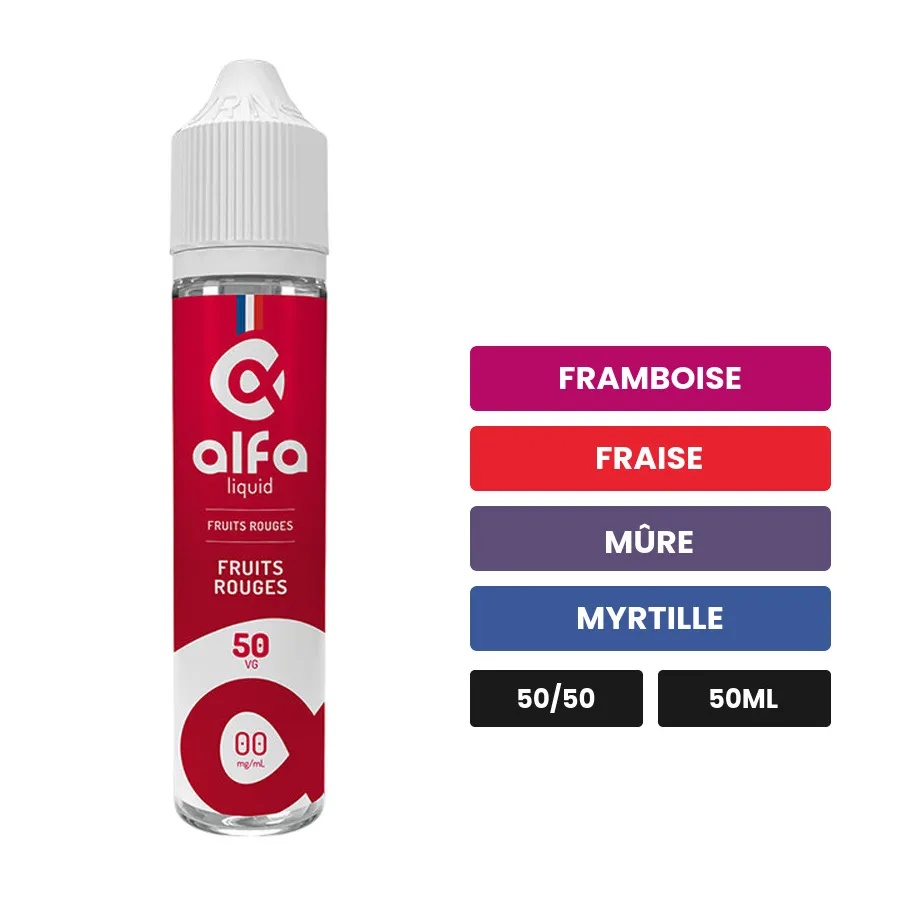E-liquide Fruits Rouges d'Alfaliquid, 50 ml, saveurs framboise, fraise, mûre et 2 autres.