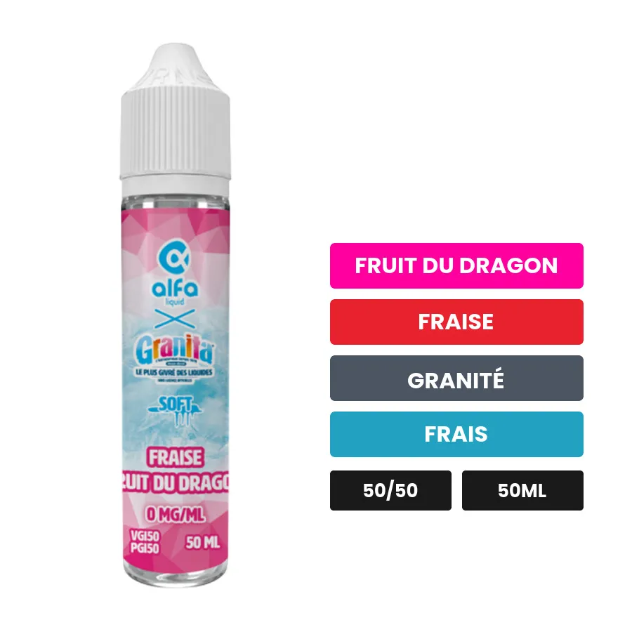 E-liquide Fraise Fruit du Dragon d'Alfaliquid, 50 ml, saveurs fruit du dragon, fraise, granité et 1 autre, sans nicotine —.
