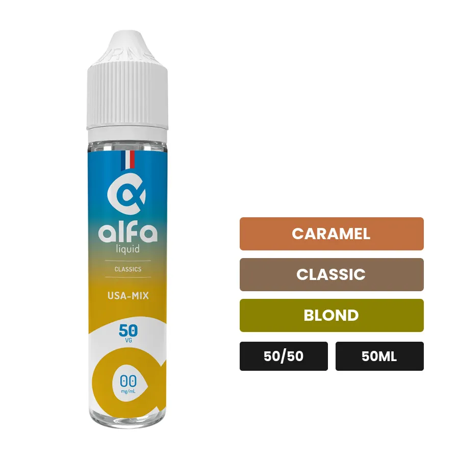 E-liquide USA-Mix d'Alfaliquid, 50 ml, saveurs caramel, classic et blond.