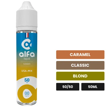 E-liquide USA-Mix d'Alfaliquid, 50 ml, saveurs caramel, classic et blond.