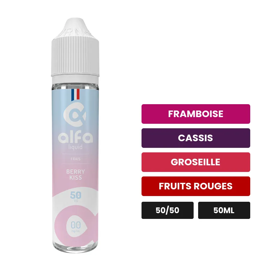 E-liquide Berry Kiss d'Alfaliquid, 50 ml, saveurs framboise, cassis, groseille et 2 autres.