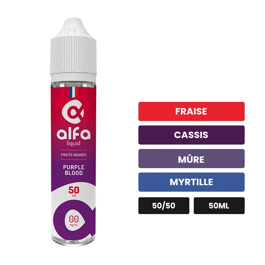 E-liquide Purple Blood d'Alfaliquid, 50 ml, saveurs fraise, cassis, mûre et 2 autres, sans nicotine — prêt à booster de.