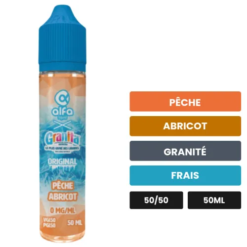 E-liquide Pêche Abricot d'Alfaliquid, 50 ml, saveurs pêche, abricot, granité et 1 autre, sans nicotine — prêt à booster de.