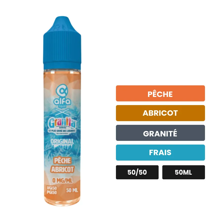 E-liquide Pêche Abricot d'Alfaliquid, 50 ml, saveurs pêche, abricot, granité et 1 autre, sans nicotine — prêt à booster de.