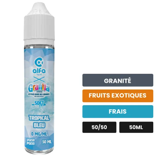 E-liquide Tropical Bleu d'Alfaliquid, 50 ml, saveurs granité, fruits exotiques et frais, sans nicotine — prêt à booster de.