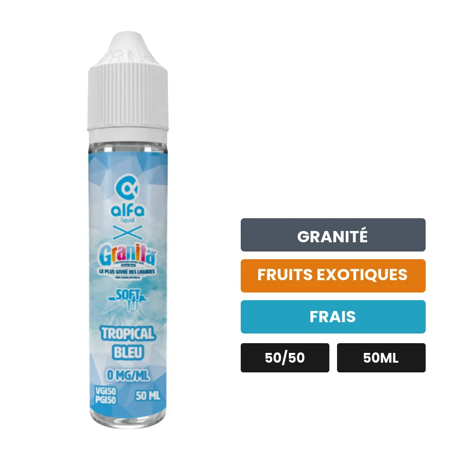 E-liquide Tropical Bleu d'Alfaliquid, 50 ml, saveurs granité, fruits exotiques et frais, sans nicotine — prêt à booster de.