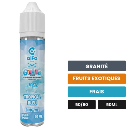 E-liquide Tropical Bleu d'Alfaliquid, 50 ml, saveurs granité, fruits exotiques et frais, sans nicotine — prêt à booster de.