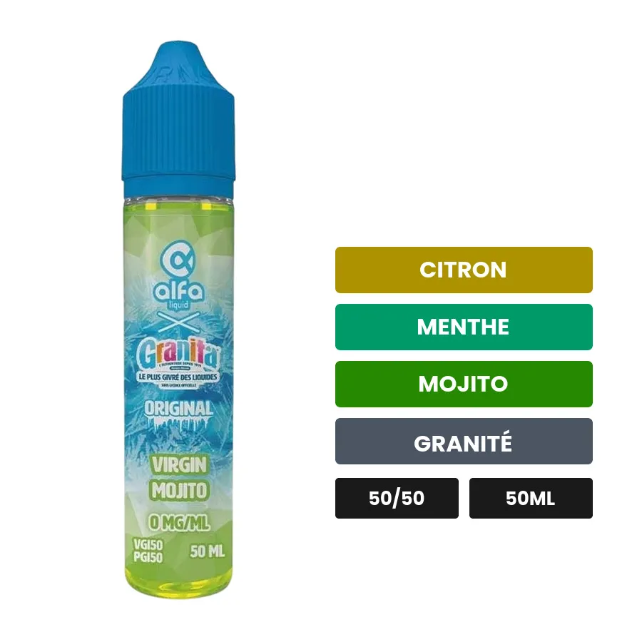E-liquide Virgin Mojito d'Alfaliquid, 50 ml, saveurs citron, menthe, mojito et 2 autres, sans nicotine — prêt à booster de.
