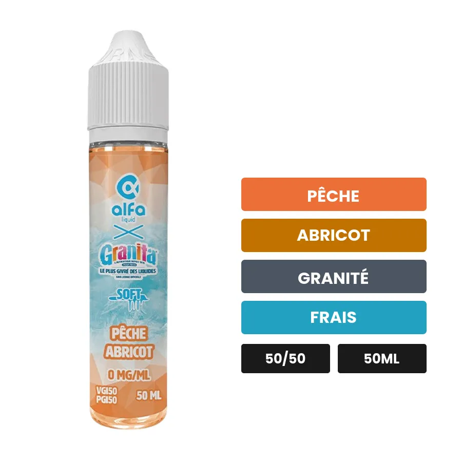 E-liquide Pêche Abricot d'Alfaliquid, 50 ml, saveurs pêche, abricot, granité et 1 autre, sans nicotine — prêt à booster de.