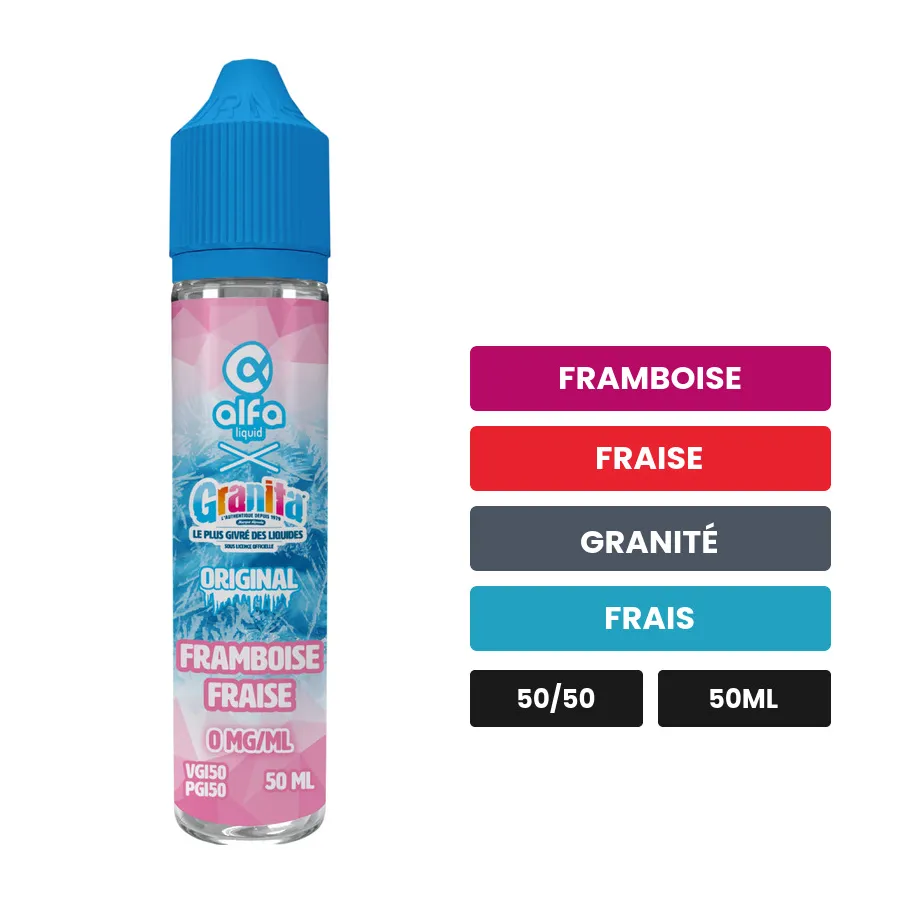 E-liquide Framboise Fraise d'Alfaliquid, 50 ml, saveurs framboise, fraise, granité et 1 autre.