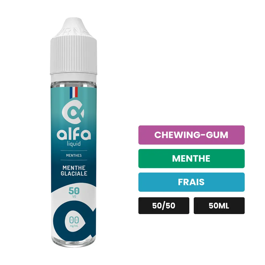 E-liquide Menthe Glaciale d'Alfaliquid, 50 ml, saveurs chewing-gum, menthe et frais.