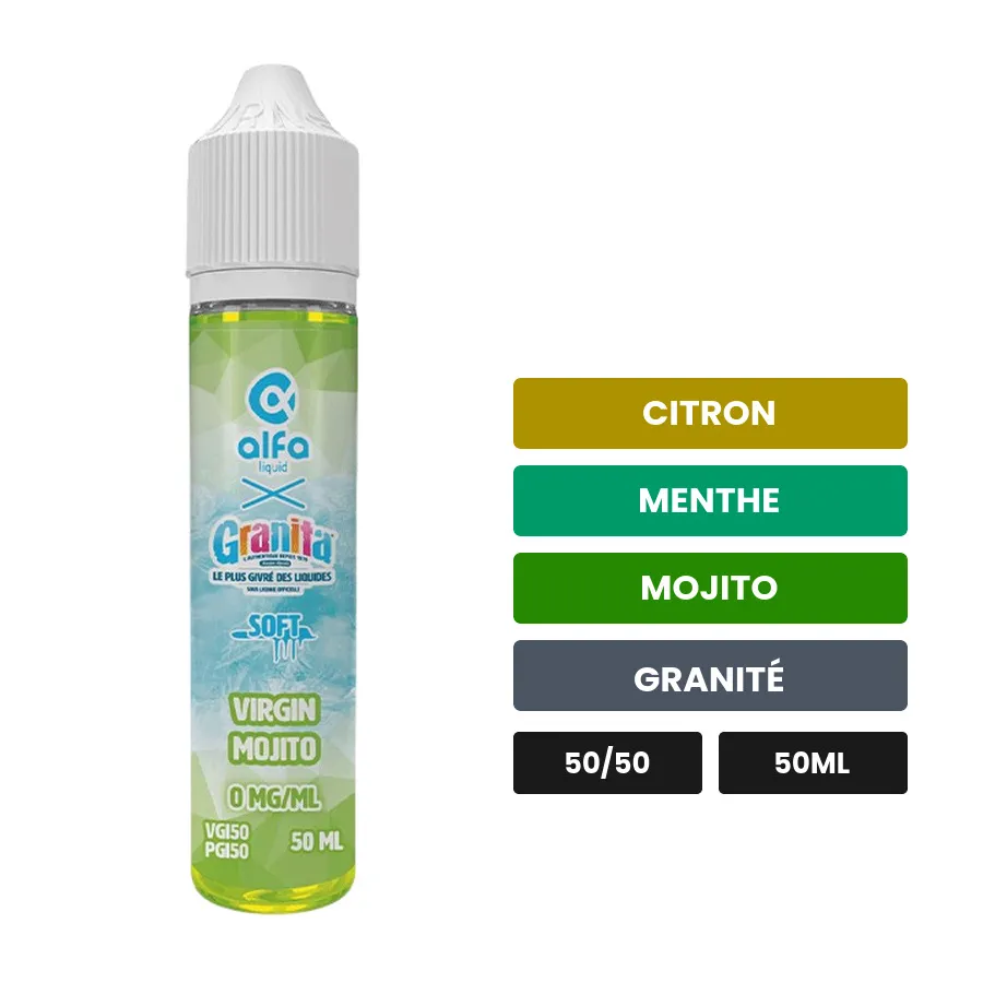 E-liquide Virgin Mojito d'Alfaliquid, 50 ml, saveurs citron, menthe, mojito et 2 autres, sans nicotine — prêt à booster de.