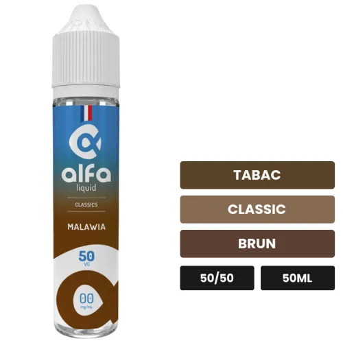 E-liquide Malawia d'Alfaliquid, 50 ml, saveurs tabac, classic et brun.
