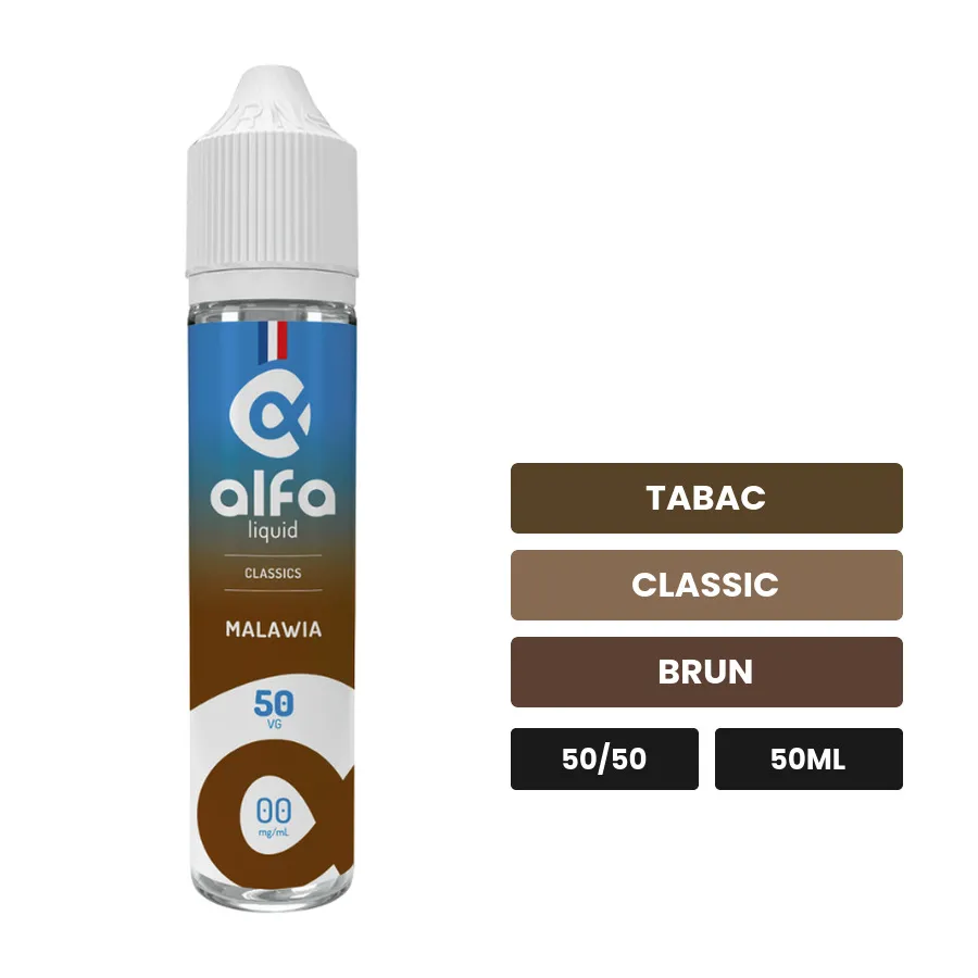 E-liquide Malawia d'Alfaliquid, 50 ml, saveurs tabac, classic et brun.