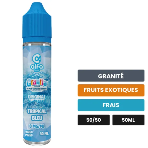 E-liquide Tropical Bleu d'Alfaliquid, 50 ml, saveurs granité, fruits exotiques et frais, sans nicotine — prêt à booster de.
