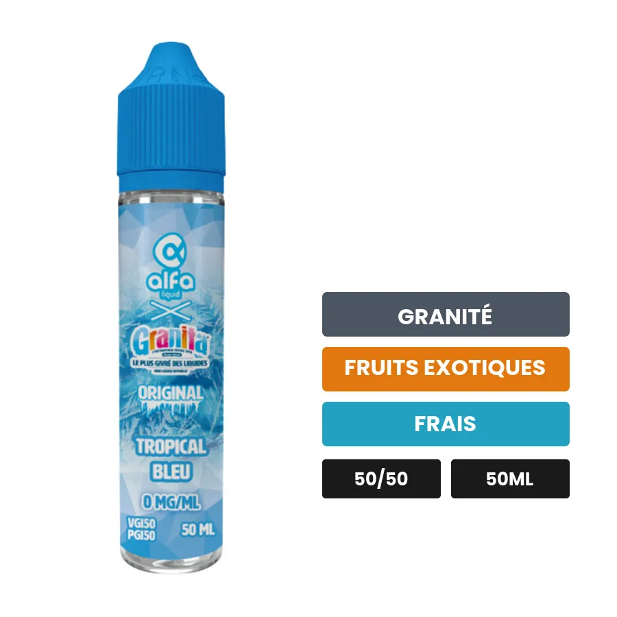 E-liquide Tropical Bleu d'Alfaliquid, 50 ml, saveurs granité, fruits exotiques et frais, sans nicotine — prêt à booster de.