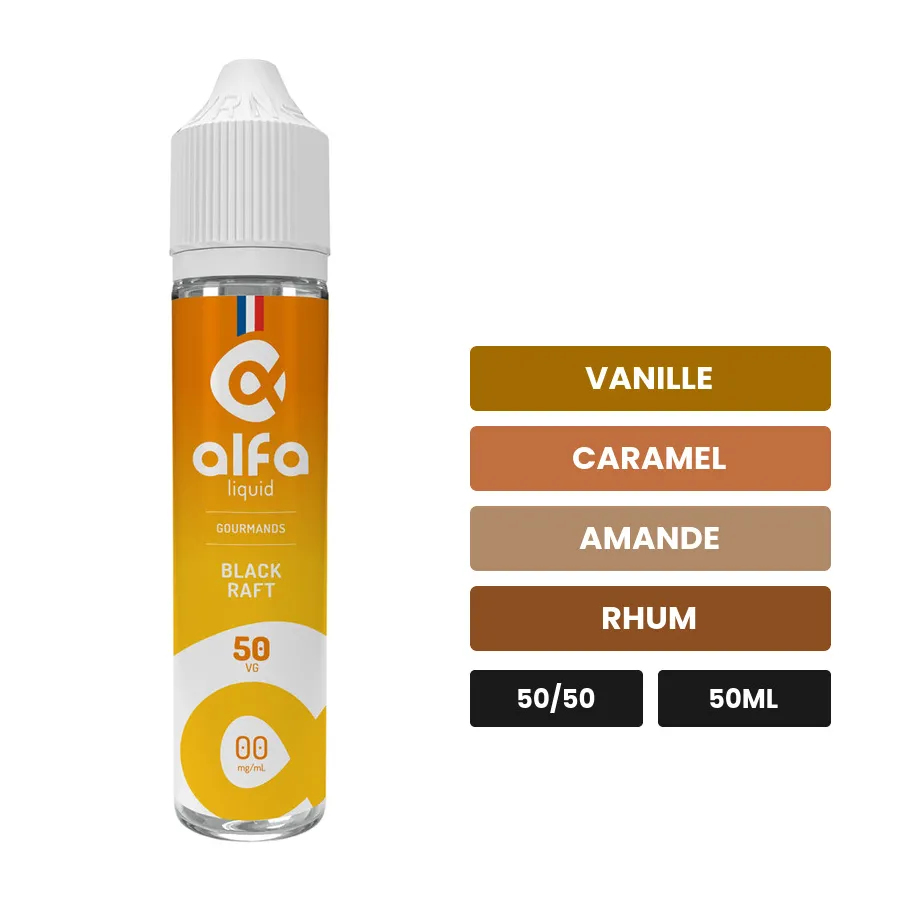 E-liquide Black Raft d'Alfaliquid, 50 ml, saveurs vanille, caramel, amande et 1 autre.