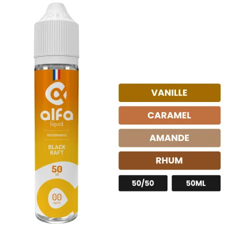 E-liquide Black Raft d'Alfaliquid, 50 ml, saveurs vanille, caramel, amande et 1 autre.