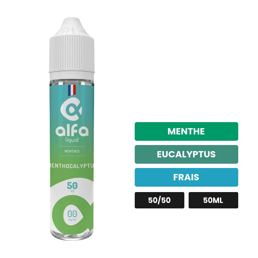 E-liquide Menthocalyptus d'Alfaliquid, 50 ml, saveurs menthe, eucalyptus et frais.