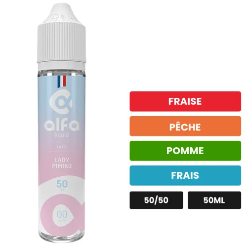 E-liquide Lady Pimiko d'Alfaliquid, 50 ml, saveurs fraise, pêche, pomme et 1 autre, sans nicotine — prêt à booster de.