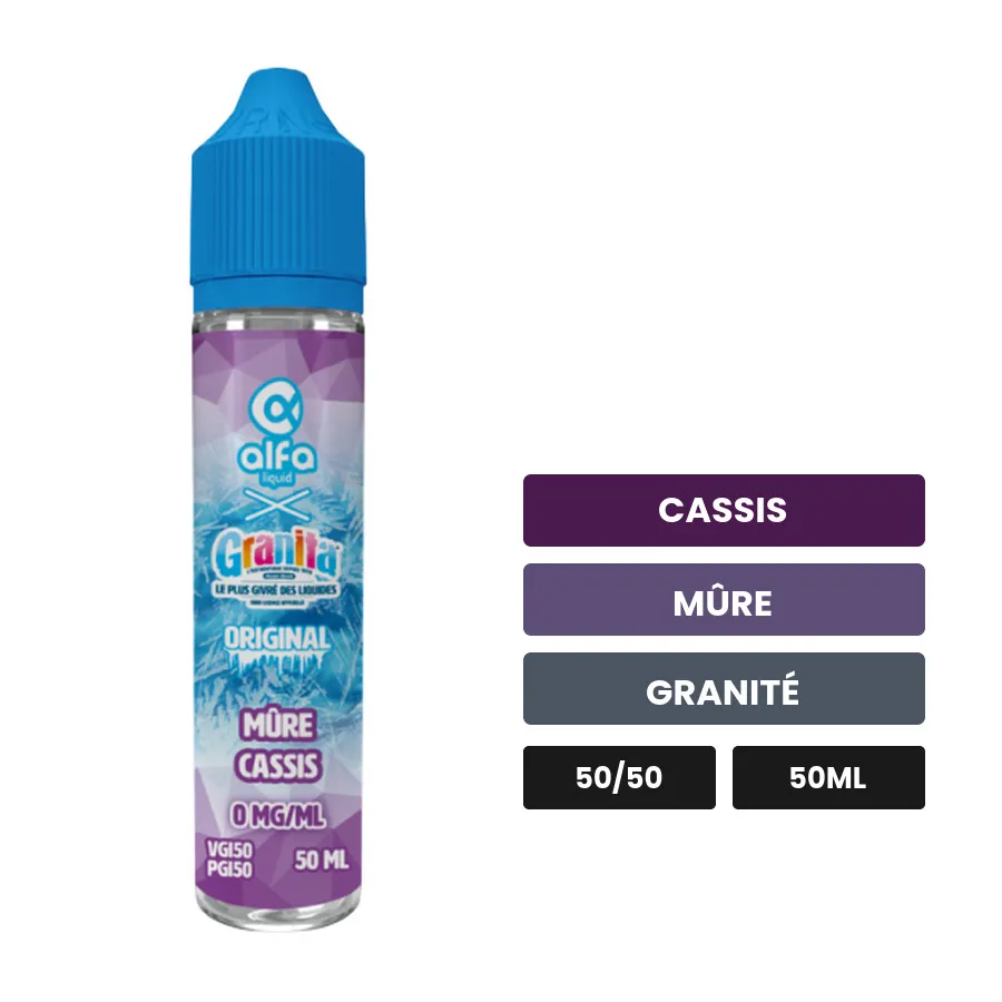 E-liquide Mûre Cassis d'Alfaliquid, 50 ml, saveurs cassis, mûre et granité, sans nicotine — prêt à booster de nicotine.