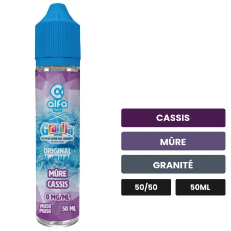 E-liquide Mûre Cassis d'Alfaliquid, 50 ml, saveurs cassis, mûre et granité, sans nicotine — prêt à booster de nicotine.