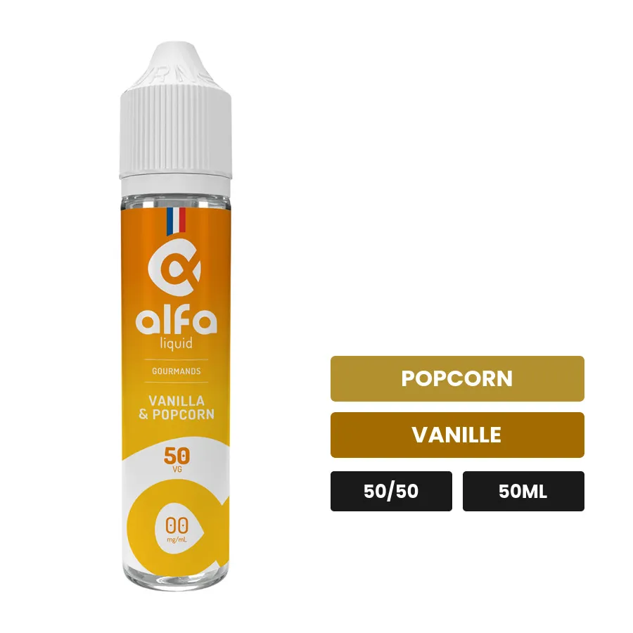 E-liquide Vanilla & Popcorn d'Alfaliquid, 50 ml, saveurs popcorn et vanille.