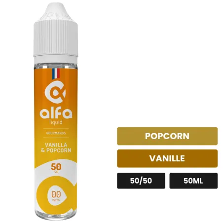 E-liquide Vanilla & Popcorn d'Alfaliquid, 50 ml, saveurs popcorn et vanille.