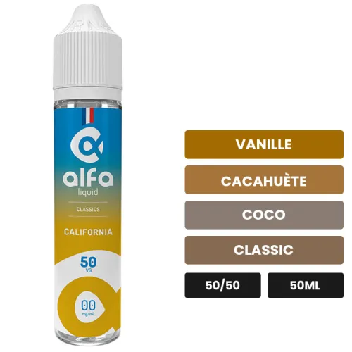 E-liquide California d'Alfaliquid, 50 ml, saveurs vanille, cacahuète, coco et 2 autres, sans nicotine — prêt à booster de.