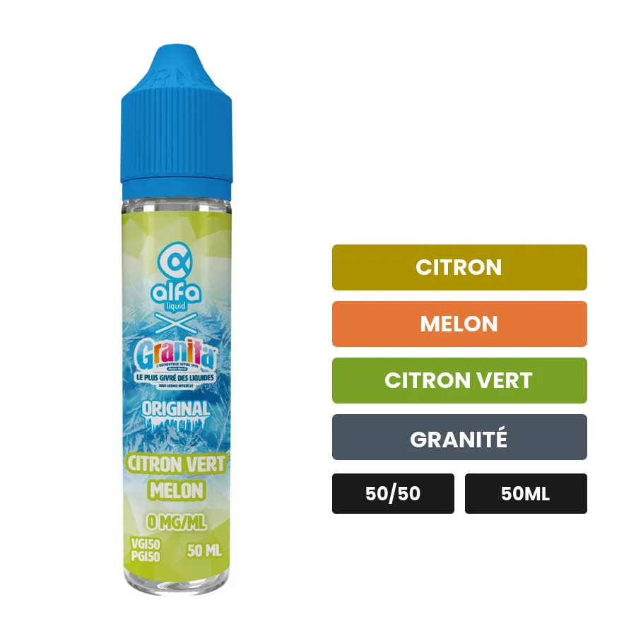 E-liquide Citron Vert Melon d'Alfaliquid, 50 ml, saveurs citron, melon, citron vert et 2 autres, sans nicotine — prêt à.