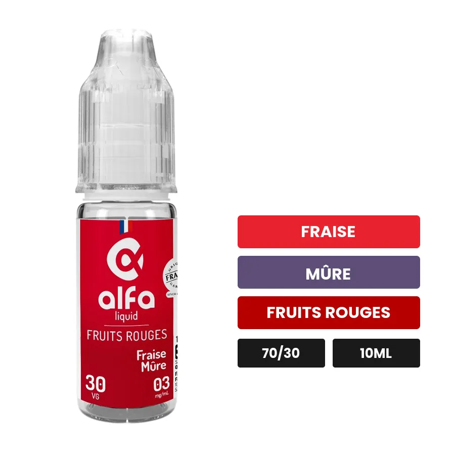 E-liquide Fraise Mûre d'Alfaliquid, 10 ml, saveurs fraise, mûre et fruits rouges.