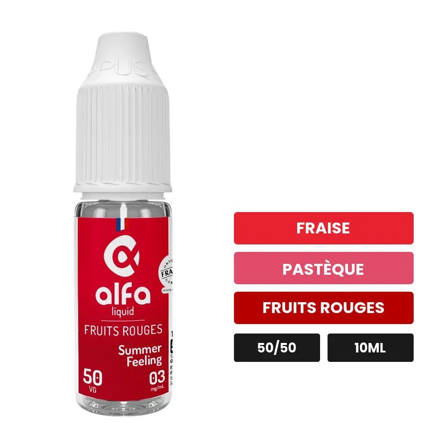 E-liquide Summer Feeling d'Alfaliquid, 10 ml, saveurs fraise, pastèque et fruits rouges.