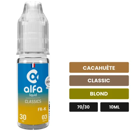 E-liquide Fr-k d'Alfaliquid, 10 ml, saveurs cacahuète, classic et blond.