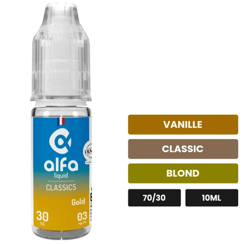 E-liquide Gold d'Alfaliquid, 10 ml, saveurs vanille, classic et blond.