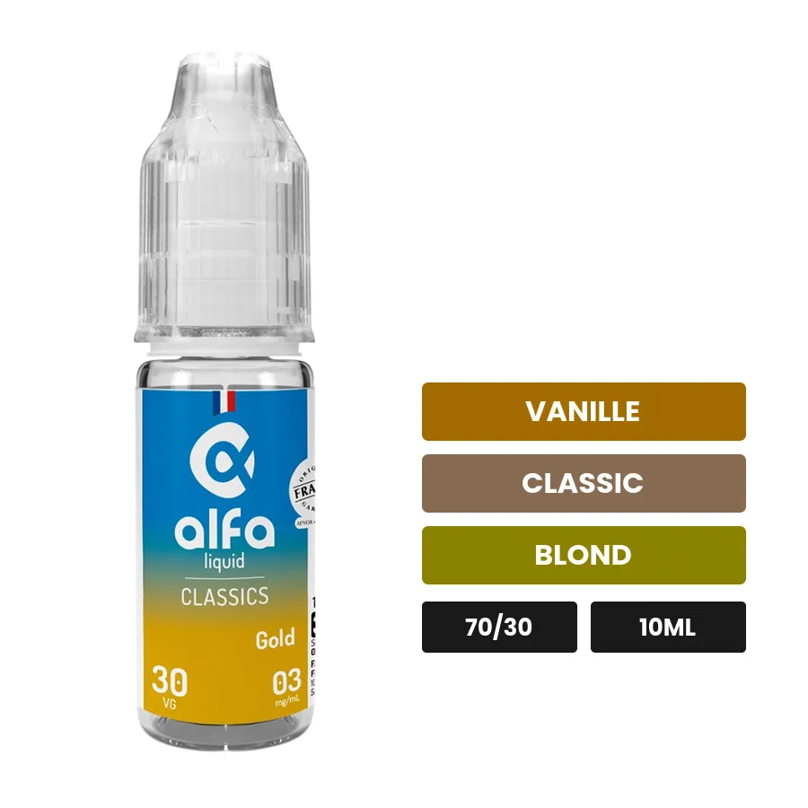 E-liquide Gold d'Alfaliquid, 10 ml, saveurs vanille, classic et blond.