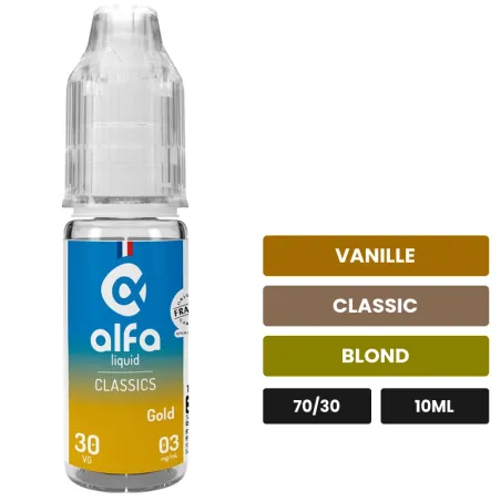 E-liquide Gold d'Alfaliquid, 10 ml, saveurs vanille, classic et blond.