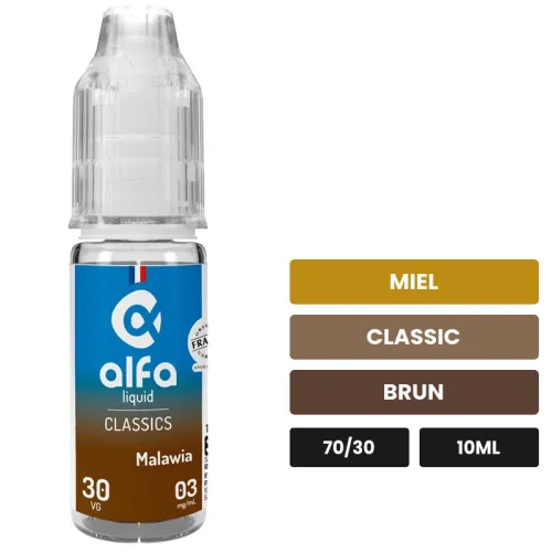 E-liquide Malawia d'Alfaliquid, 10 ml, saveurs miel, classic et brun.