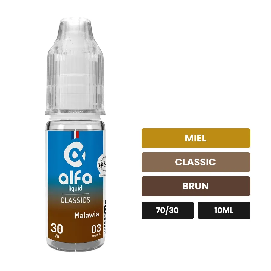 E-liquide Malawia d'Alfaliquid, 10 ml, saveurs miel, classic et brun.