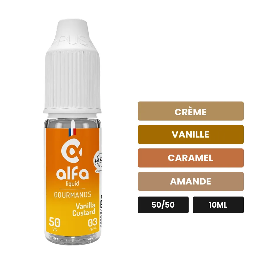 E-liquide Vanilla Custard d'Alfaliquid, 10 ml, saveurs crème, vanille, caramel et 1 autre.