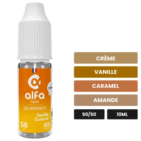 E-liquide Vanilla Custard d'Alfaliquid, 10 ml, saveurs crème, vanille, caramel et 1 autre.