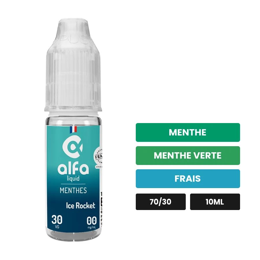 E-liquide Ice Rocket d'Alfaliquid, 10 ml, saveurs menthe, menthe verte et frais.