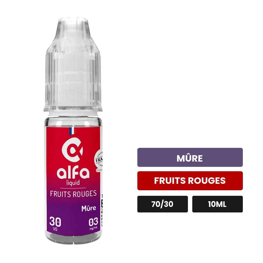E-liquide Mûre d'Alfaliquid, 10 ml, saveurs mûre et fruits rouges.