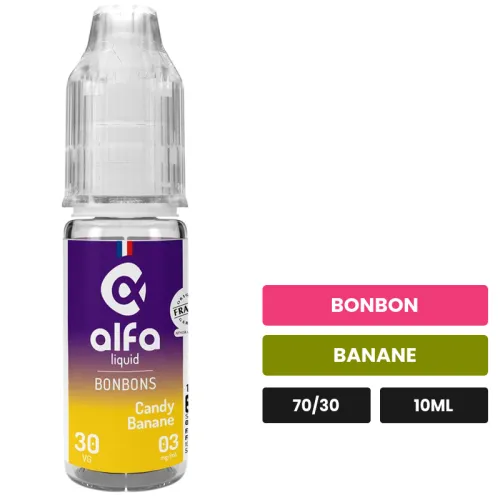 E-liquide Candy Banane d'Alfaliquid, 10 ml, saveurs bonbon et banane.
